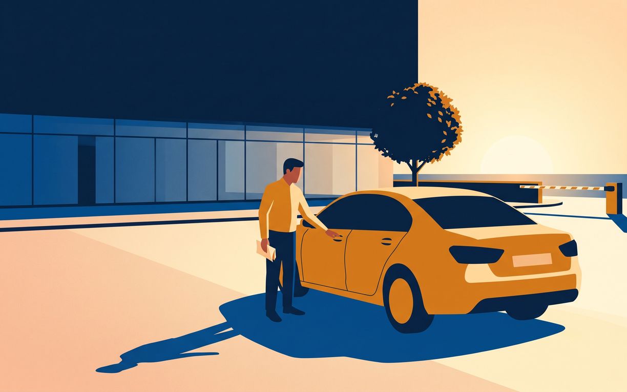 A chauffeur checking the car is shut before pulling out from an empty office forecourt at first light.