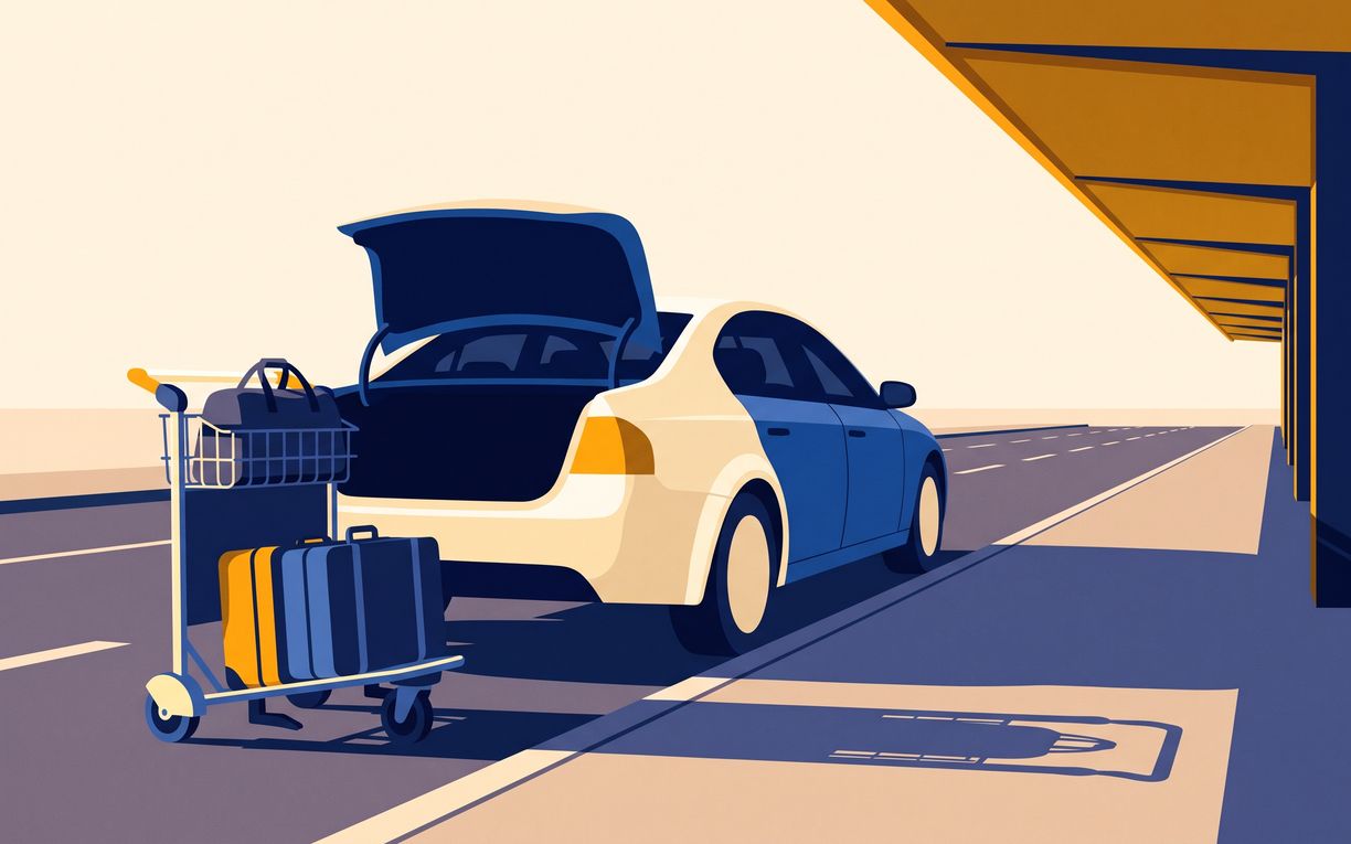 A pale saloon at a terminal kerb in the first light, boot open, a laden trolley beside it and nobody in the frame.