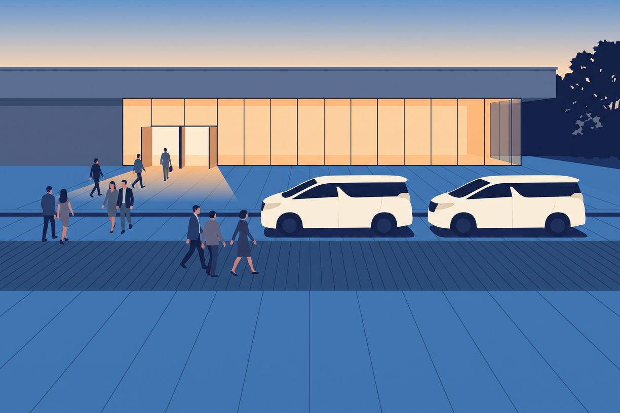 Two white vans standing on a swept forecourt outside a lit hall at dusk, delegates walking out in ones and twos.
