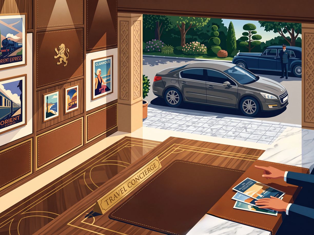 A hotel concierge desk in warm wood, a hand across an open folder, and through the doorway a car waiting at the porch.