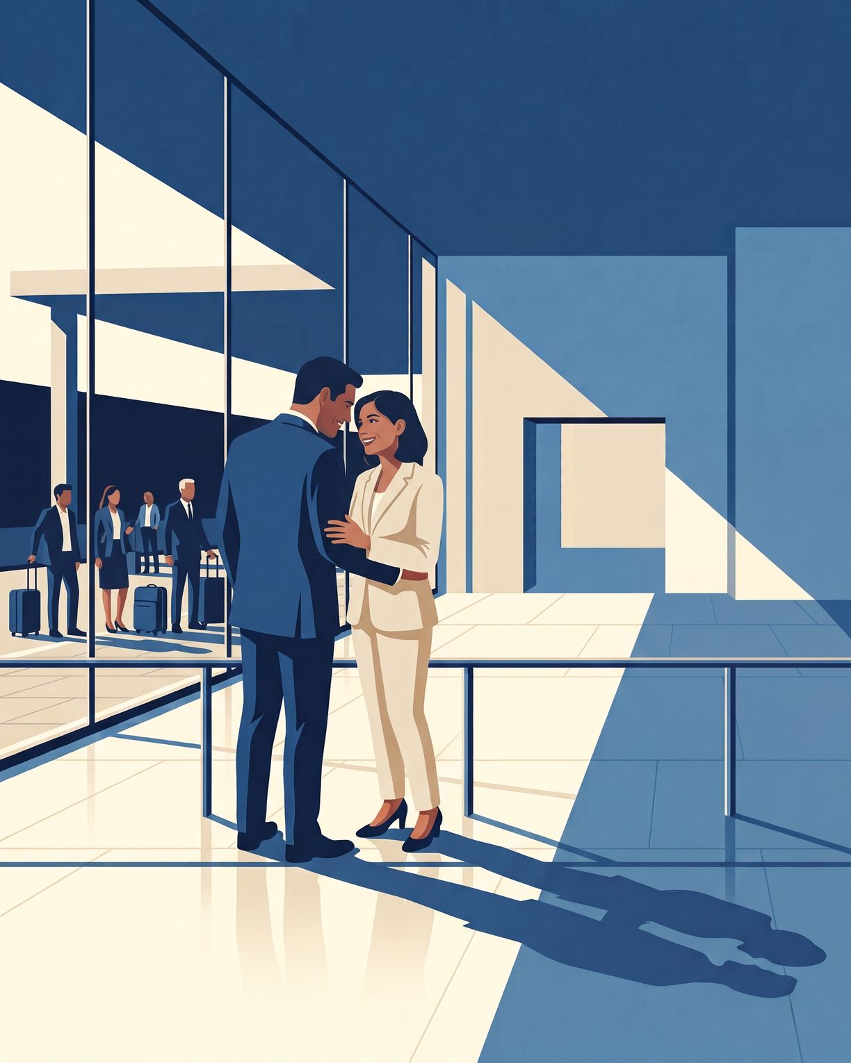 An arrivals concourse in flat daylight through one glazed wall, two people meeting as one of them comes out, other passengers walking behind the glass.