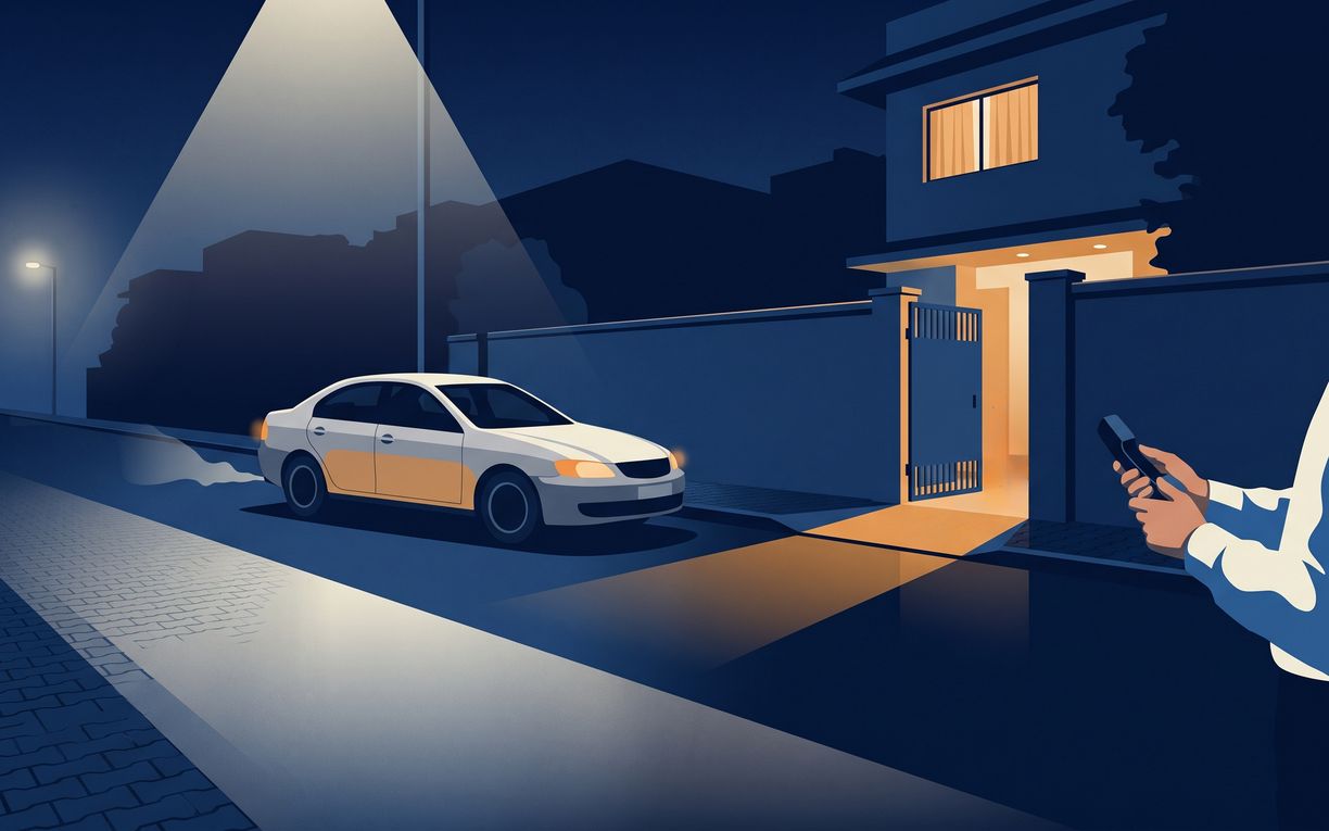 A silver saloon waiting under a street lamp in a residential lane after dark, a warm doorway open beyond it and a hand holding a phone in the near edge of the frame.