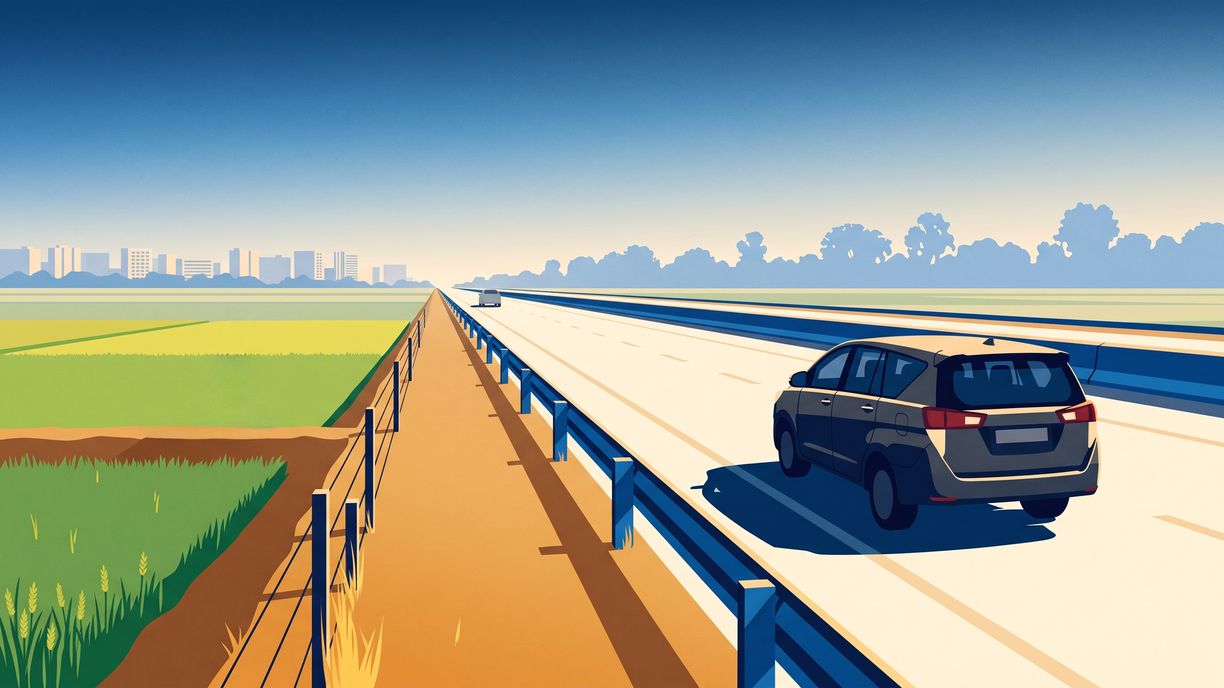 A graphite van on an open divided highway seen from behind, wheat on one side and a city dissolving into haze at the far end.