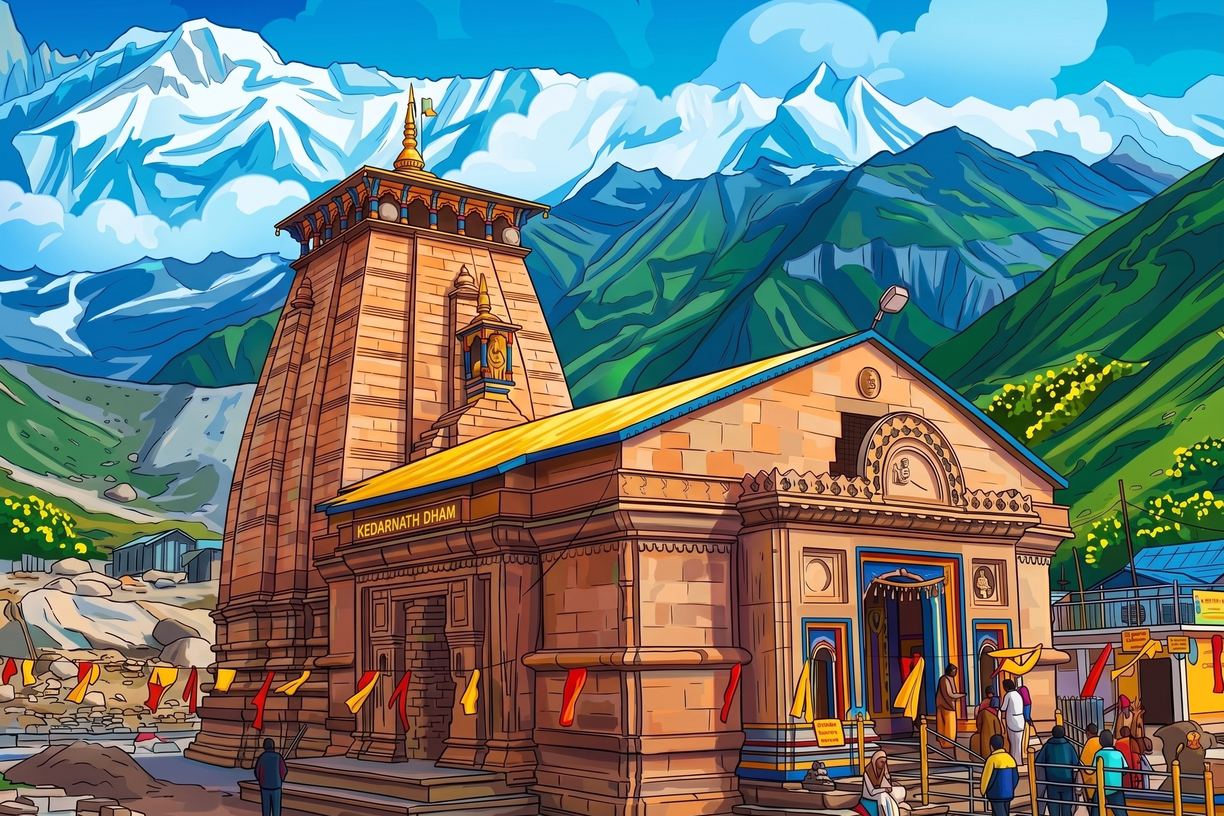 A stone hill shrine standing against snow peaks, flags along its plinth and pilgrims gathered at the steps.