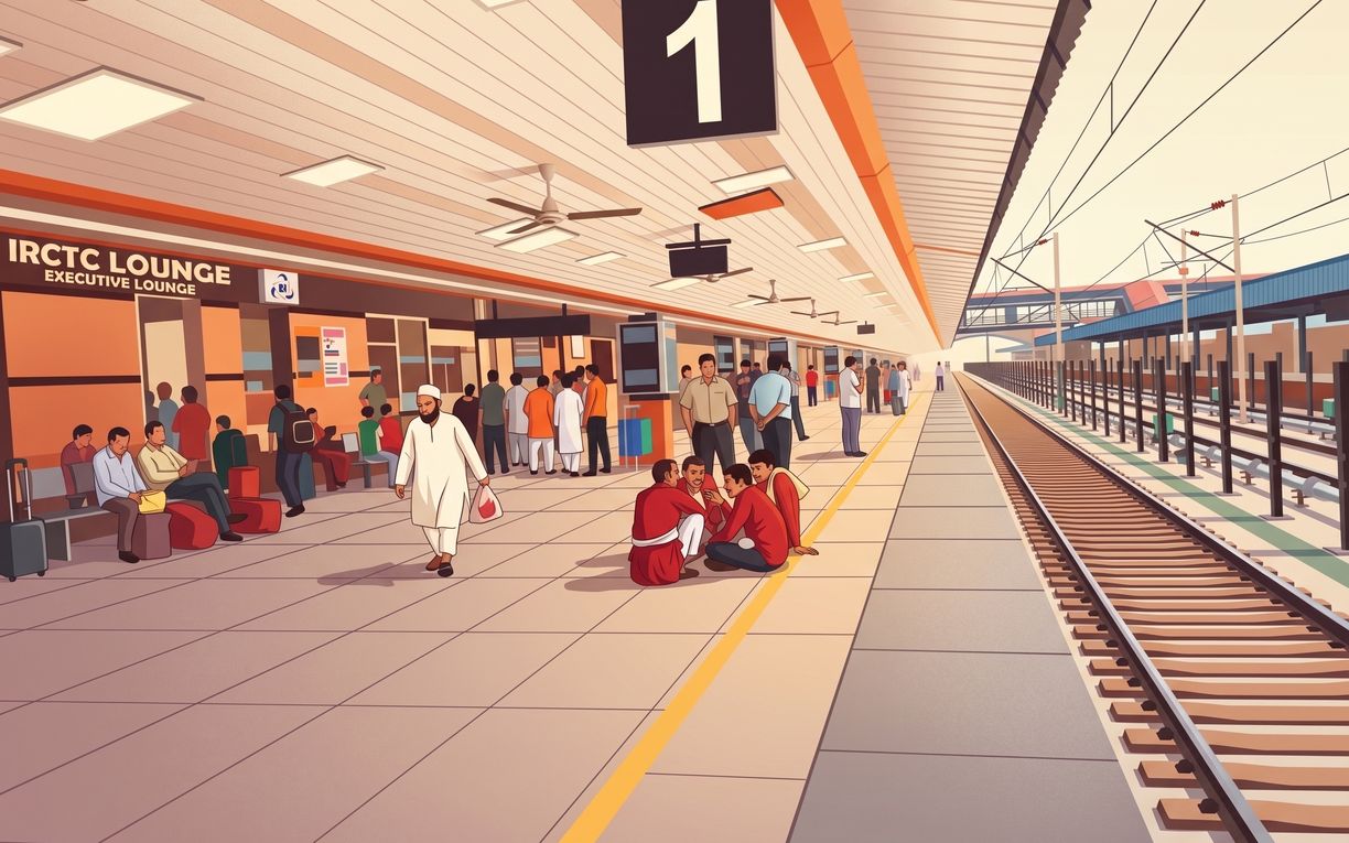 A station platform under its canopy, passengers waiting along the near edge, porters sitting by the line and the track running away into the light.