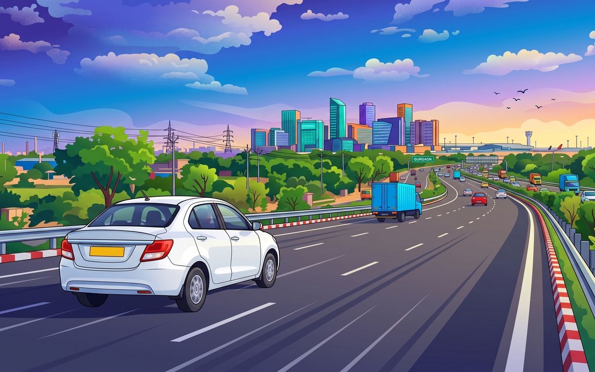 A white saloon on an expressway running in towards a city, traffic thinning ahead of it and the skyline standing up beyond the trees.
