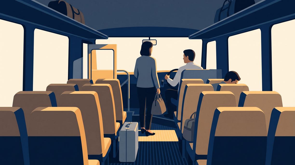 The inside of a coach looking forward down the aisle, racks loaded, a passenger standing at the front beside the seated driver.