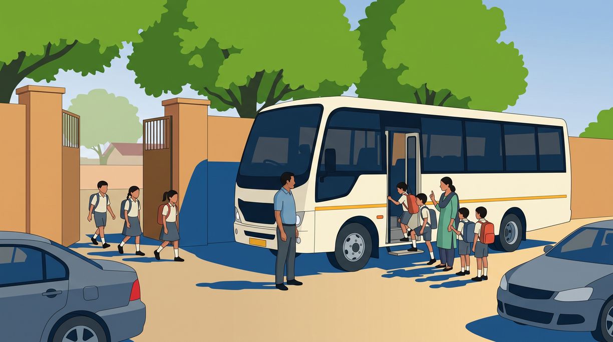Schoolchildren boarding at a school gate while a teacher counts them in
