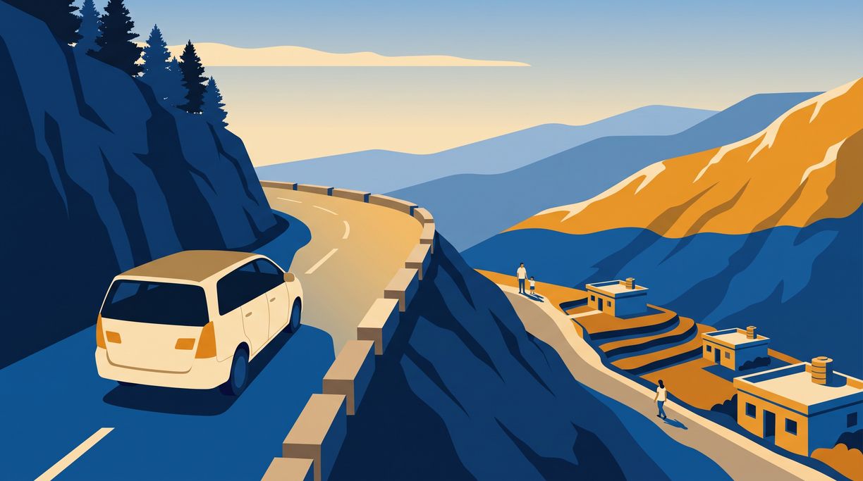 A car rounding a bend on a hill road, with terraced fields, a few houses and two people standing on the slope below