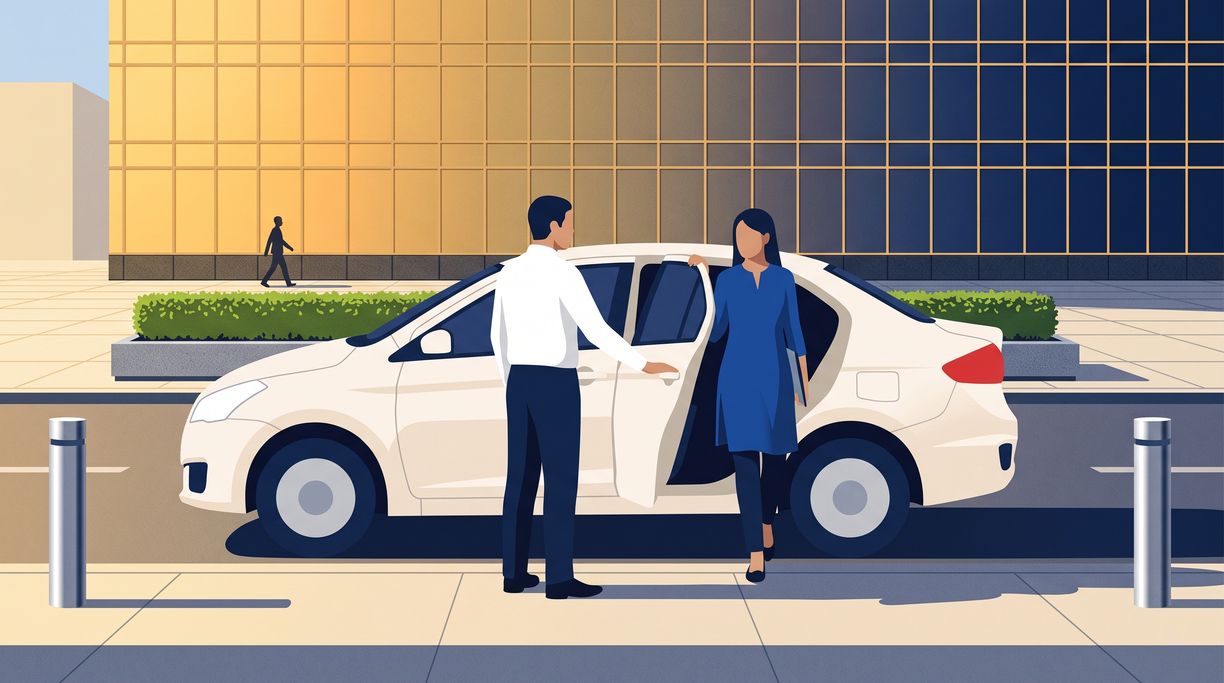 A chauffeur holding the rear door open at an office tower forecourt as a passenger steps out into the morning sun